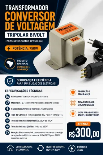 Transformador Conversor de Voltagem Tripolar Bivolt (2P + T) 750W - Translux