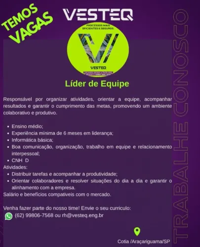 LÍDER / MOTORISTA CNH D - Local de atuação: Cotia, São Roque e Araçariguama/SP.