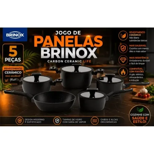 Jogo de Panelas Brinox 5 Peças Carbon Ceramic Life Preto - Revestimento Cerâmico