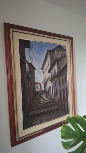 Quadro pintura colonial com moldura de madeira e paspatour
