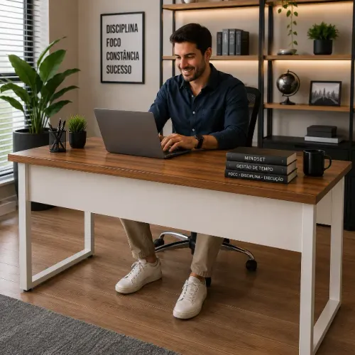 Mesa Home Office Pé Quadro Amadeirada Espaço Amplo Premium 34302