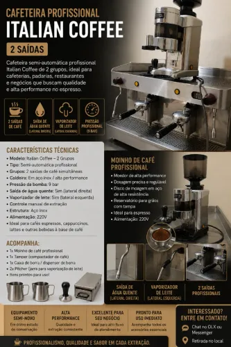 Cafeteira Profissional Italian Coffee 2 Grupos + Moinho + Acessórios