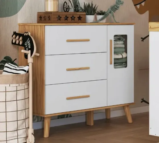 Comoda Infantil Sky 3 Gavetas e 1 Porta, 100% MDF - Peroba