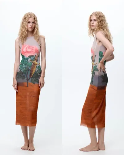 vestido zara rene magritte tule estampado longo