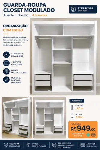 Guarda-Roupa Closet Modulado Branco 4 Gavetas | Semi Novo