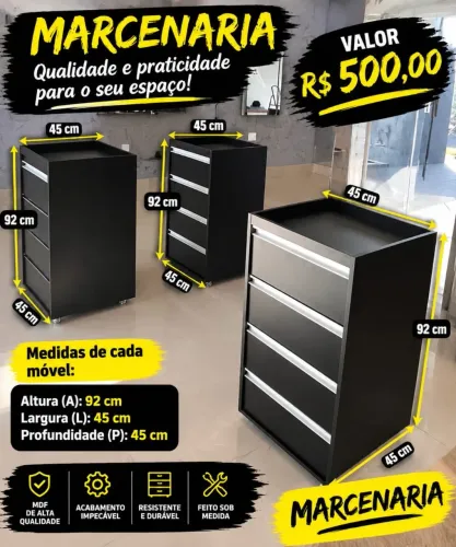 CARRINHO CM 4 GAVETAS AUXILIAR SALÃO/BARBEARIA MDF NOVO 