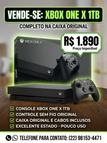 Xbox One x 1TB 4K com caixa e controle original 