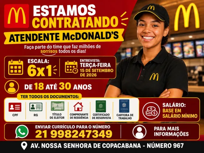 VAGAS PARA ATENDENTES DE LANCHONETE. 