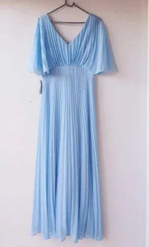 Vestido Longo Plissado Azul-claro