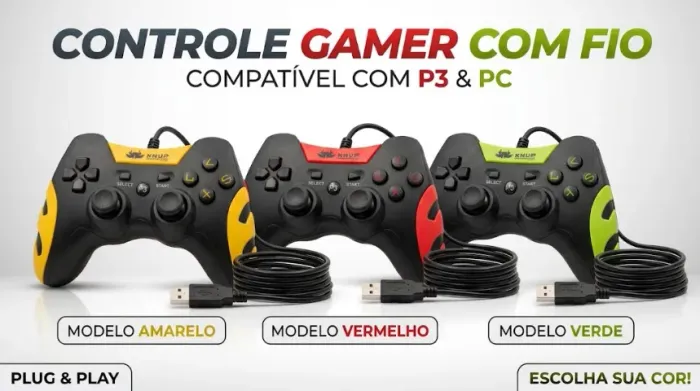 03 Controles joystick Knup KP-4040 - Amarelo/Preto Vermelho/Preto Verde/Preto