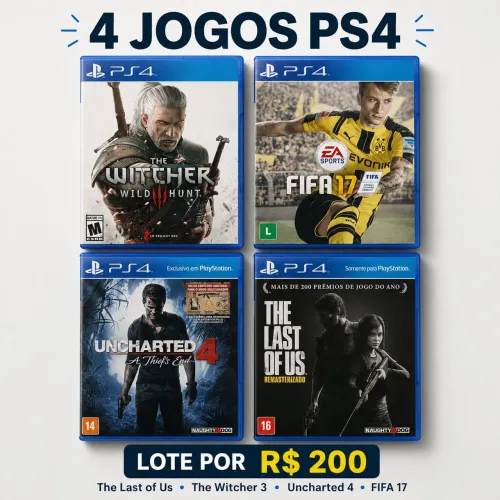 4 Jogos PS4 Originais por R$ 200 | The Last of Us, The Witcher 3, Uncharted 4 e FIFA 17