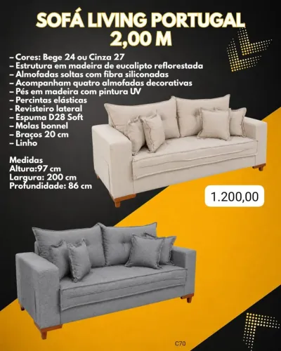 Sofá Living Portugal 3 lugares Linho Cinza ou Bege 2m / pague na entrega