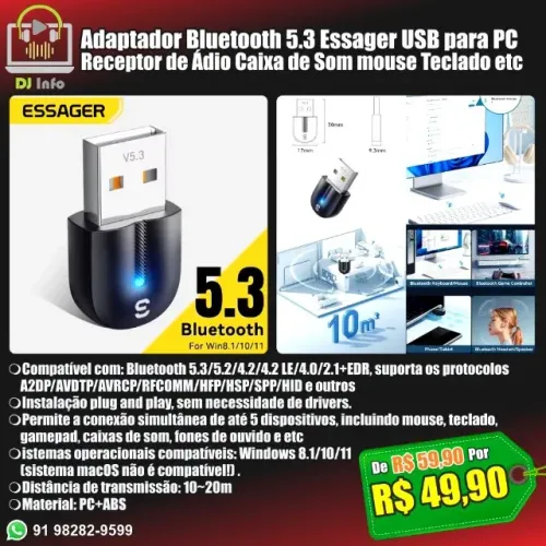 Adaptador Bluetooth 5.3 Essager USB para PC Receptor de Ádio Caixa de Som mouse Teclado