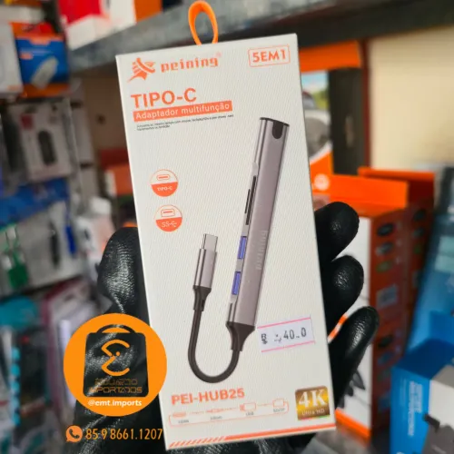 Cabo Tipo-C Adaptador OTG com USB, entrada cartão de Memória e P2 3.5mm Fone de Ouvido