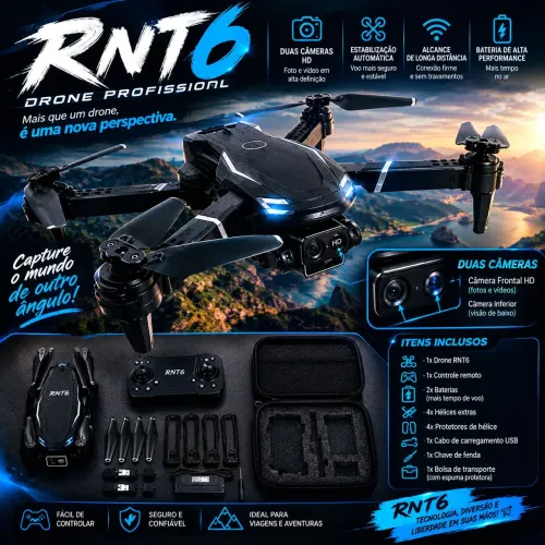 ? Drone RNT6 Dobrável com 2 Câmeras HD, Controle, 2 Baterias e Bolsa