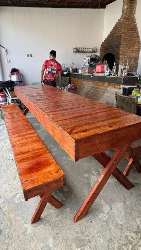 MESA 3 METROS DE COMPRIMENTO COM 2 BANCO DE PINUS 