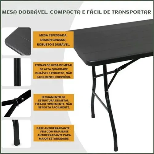 Mesa Dobrável 1,8m Preta - Ideal para Festas e Eventos!