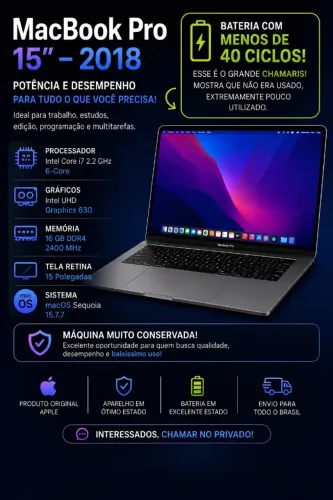 MacBook Pro 15 2018 | Intel Core i7 | 16GB RAM | Bateria com menos de 40 ciclos