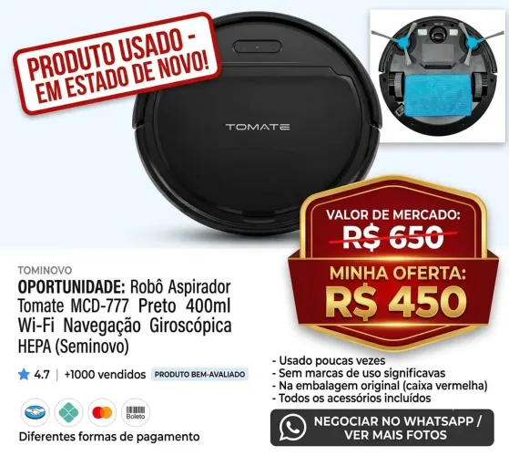 Aspirador robô suga sujeira e passa pano 