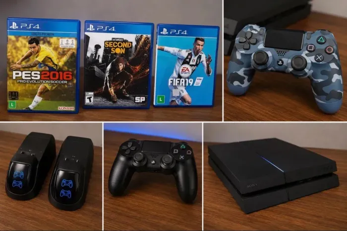 Ps4 1TB, Dois Controle Originais e Três Jogos ( FIFA 19 - PÉS 2018 - SECOND SON )