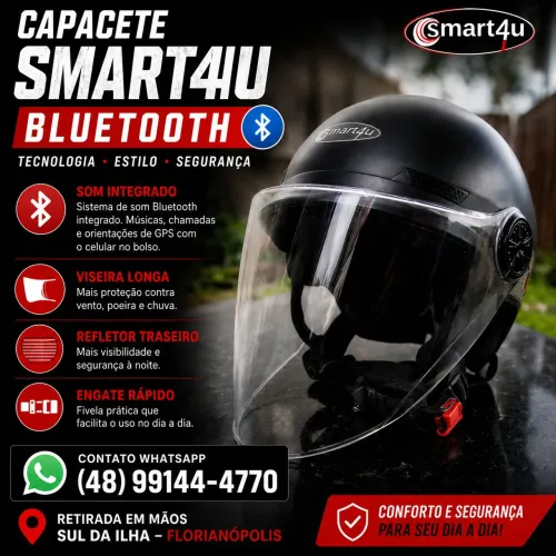 Capacete Motos Ciclomotores Smart4u Aberto Som Bluetooth Tamanho Ajustável Engate Rápido!