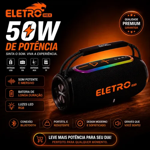 Caixa de Som Bluetooth 50W Eletromex | Entrega Imediata Hoje