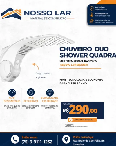 Chuveiro Duo Shower Quadra Multitemperaturas 220v  6800w Lorenzzeti