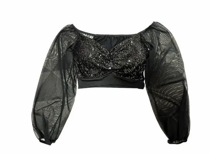 blusa cropped preta paetê de manga bufante
