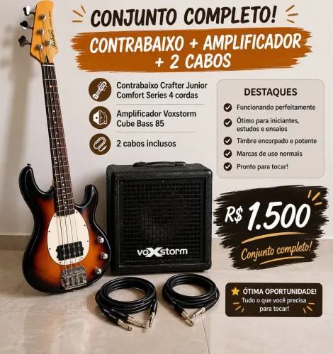 Contrabaixo Crafter Junior Comfort Series + Amplificador Voxstorm Cube Bass 85 + 2 Cabos