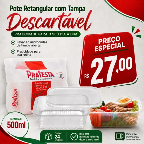 Pote Retangular Descartável 500 ml com tampa - Prafesta