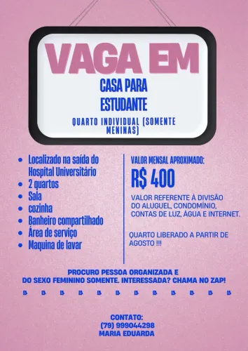 Aluguel de quarto PARA MENINA APENAS (Liberado a partir de Agosto)