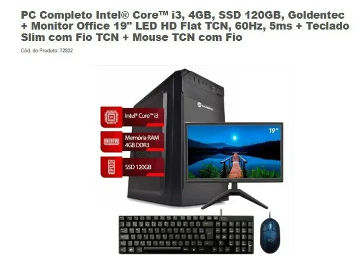 PC Completo Intel® Core? i3, 4GB, SSD 120GB, Goldentec + Monitor Office 19"