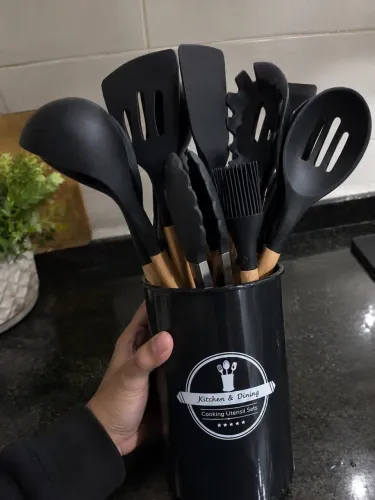 Conjunto de Utensílios de Cozinha 12 Peças - Silicone e Cabo de Madeira