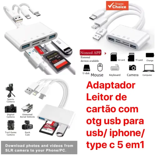Adaptador Leitor de cartão com otg usb para usb/ iphone/ type c 5 em1