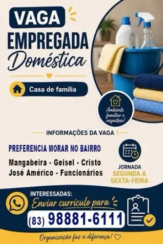 Vaga para doméstica que saiba cozinhar.