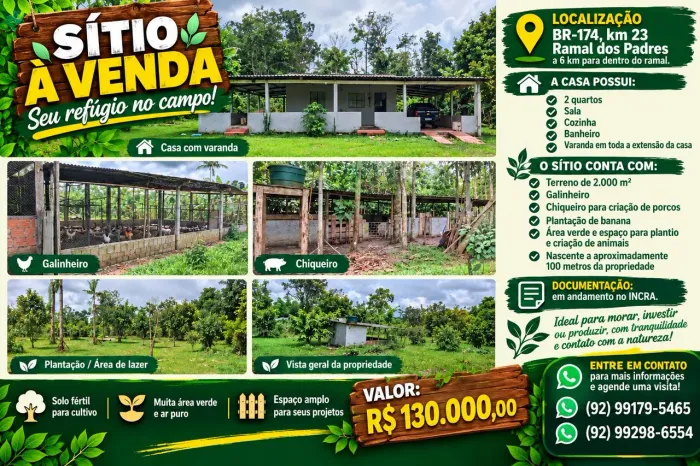 Excelente oportunidade vendo Sítio na BR 174 km23 entrando mas 6km no ramal dos Padres