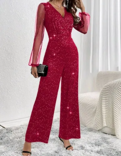 SHEIN Privé Macacão Com Glitter E Manga Lanterna Em Malha Com Decote Em V