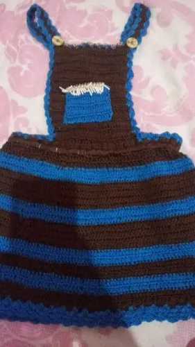 Vestido Crochê Bebê Menina - Marrom e Azul