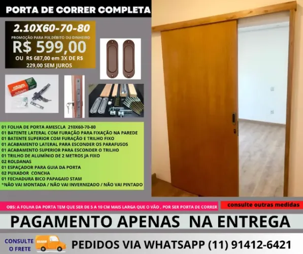 Kit folha de Porta 2.10x80 Amescla de correr 3 - entrega a/c mod lcg