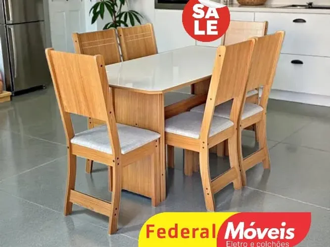 Mesa de Jantar c/ 6 Cadeiras 1,50X0,76m - Preço Exclusivo