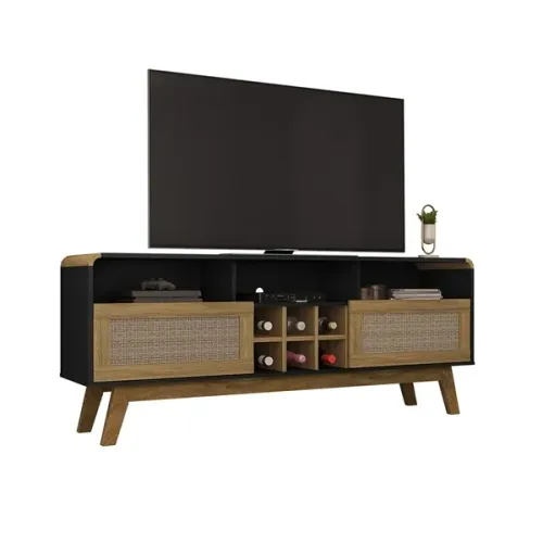 Rack Larimar com cantos arredondados e ratan na decoração - Entrega e montagem gratis