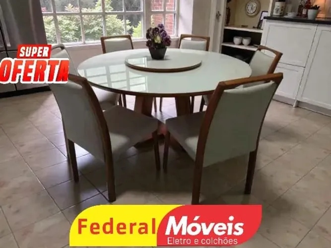 Mesa de Jantar 1,50m Diâmetro C/ 4 Cadeiras em Linho (TEMOS CREDIÁRIO)