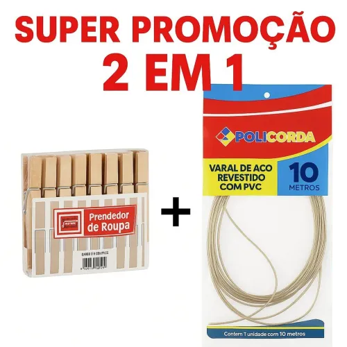 Kit 10 M cabo varal aço Revestido + 12 Prendedores Madeira
