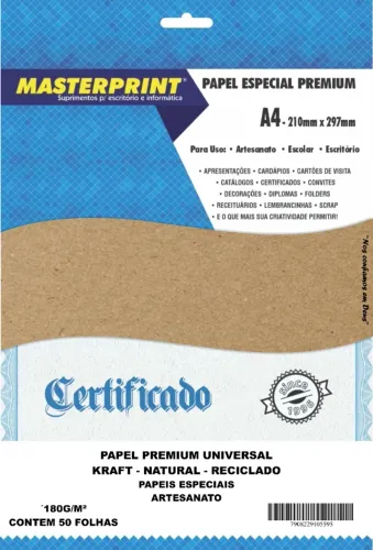 PAPEL KRAFT NATURAL RECICLADO 180G MASTERPRINT A4 50 FOLHAS