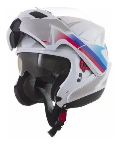 Capacete Articulado Pro Tork Attack Branco Grafitado Azul e Vermelho c/ óculos fumê 