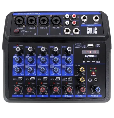 Mesa de som 6 canais solus Click 6 USB Bluetooth +48v