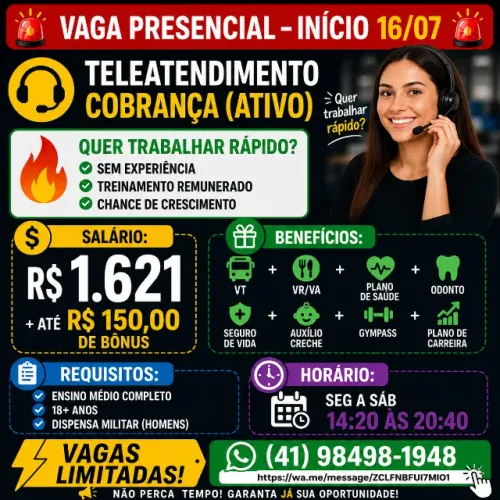 Teleatendimento Suporte Ponta Grossa | Sem Experiência | Início Imediato | Salário + Com