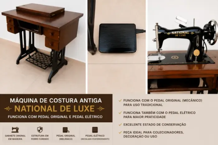Máquina de Costura Antiga National De Luxe com Gabinete de Madeira e Pedal