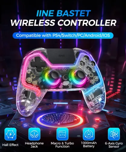 Controle IINE Bastet Hall Effect Anti Drift, Bluetooth, PS4, Switch, PC, Android, iOS, 