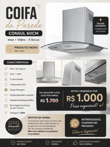 Coifa de Parede Nova CAP60AR - Nunca Usada | R$ 1.000